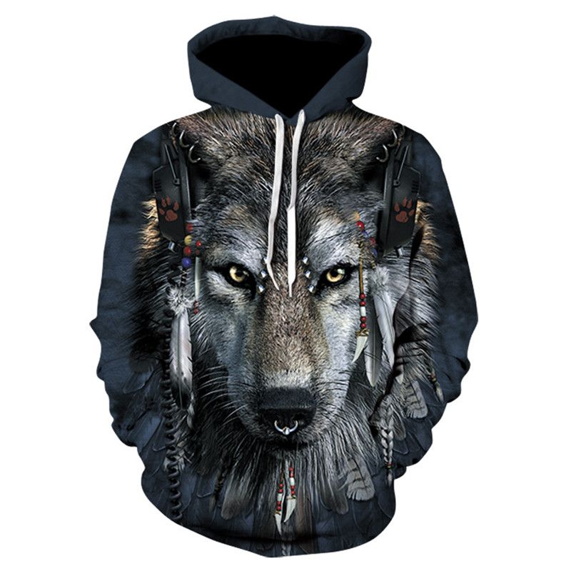 Wolf Head Print Hoodie Voor Heren Digitaal