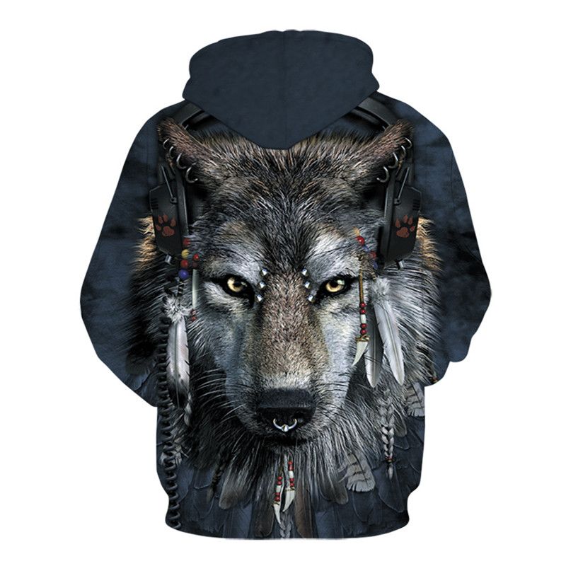 Wolf Head Print Hoodie Voor Heren Digitaal