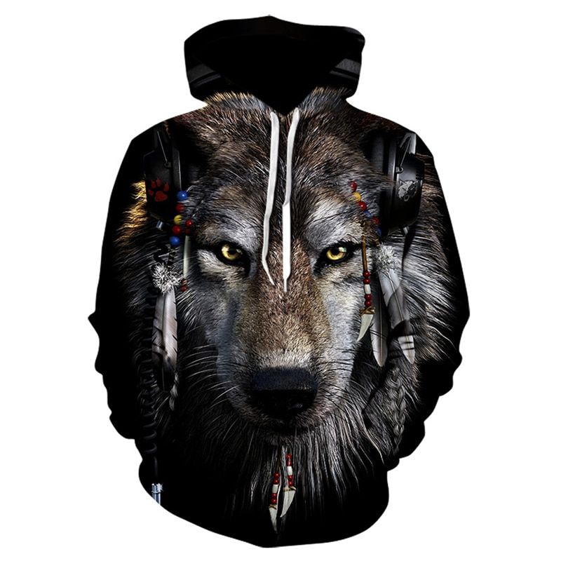 Wolf Head Print Hoodie Voor Heren Digitaal