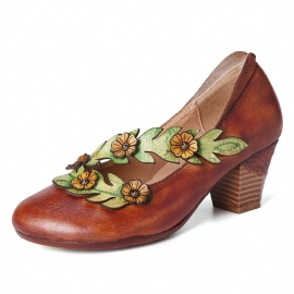 Dames Bloemdecoratie Echt Leer Slip-on Spring Pumps