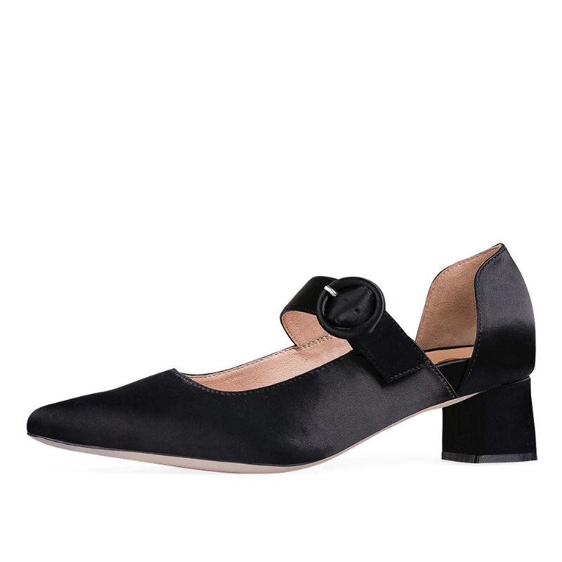 Dames Elegante Puntschoen Effen Kleur Enkel Gesp Slip Op Chunky Heel Pumps