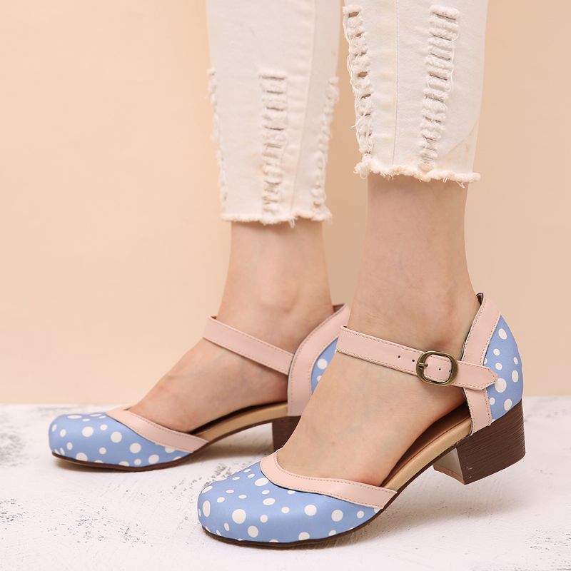 Dames Polka Dot Ronde Neus Enkelband Blokhak Casual Hakken Pumps