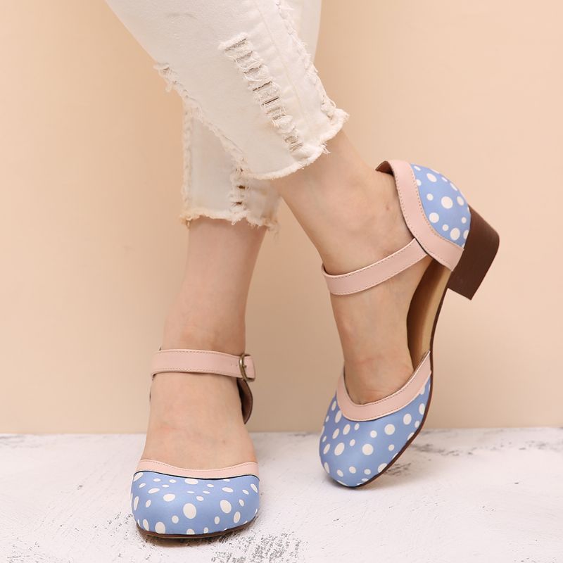 Dames Polka Dot Ronde Neus Enkelband Blokhak Casual Hakken Pumps