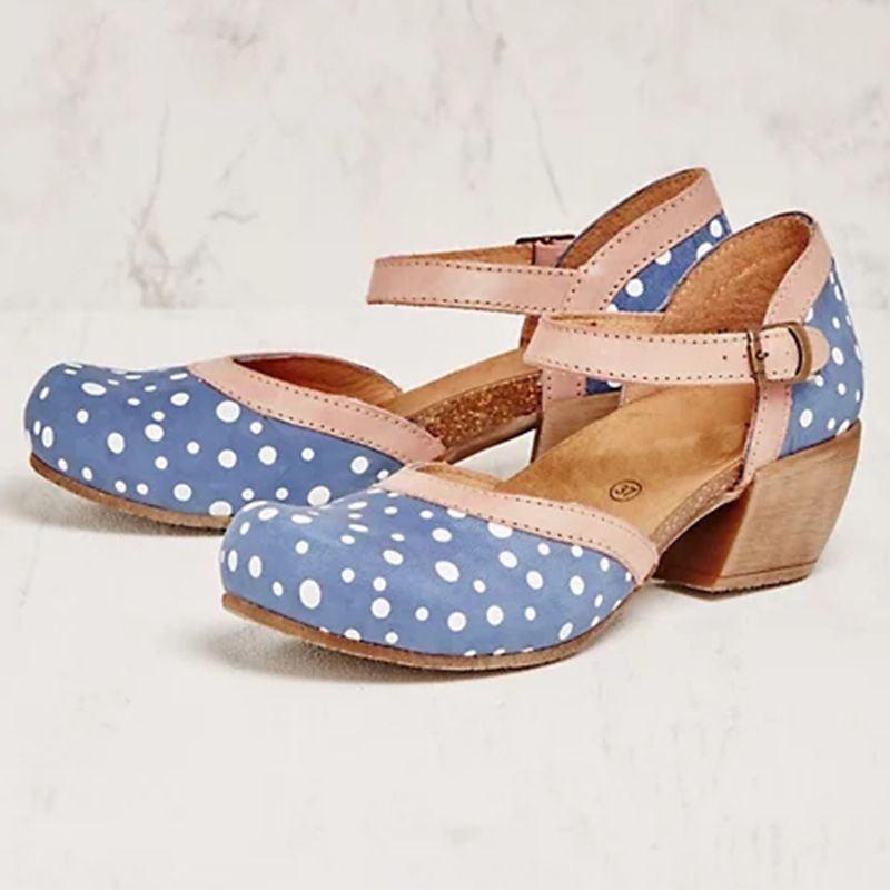 Dames Polka Dot Ronde Neus Enkelband Blokhak Casual Hakken Pumps