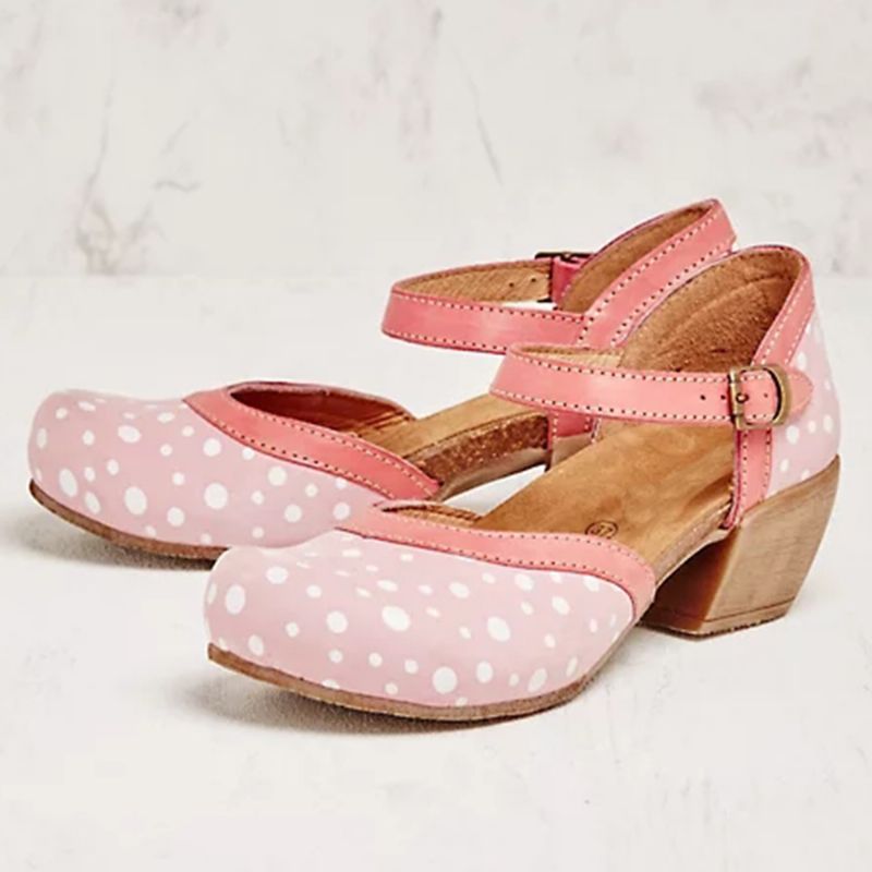 Dames Polka Dot Ronde Neus Enkelband Blokhak Casual Hakken Pumps