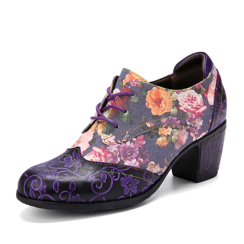 Dames Retro Bloemenprint Leer Splicing Soft Gebeeldhouwde Chunky Heels