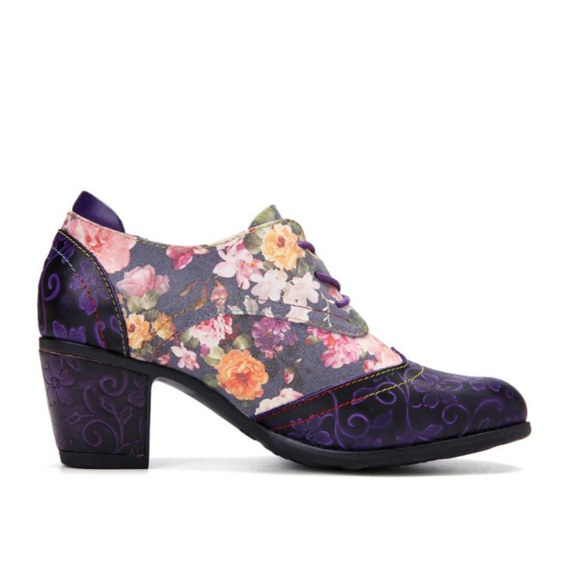 Dames Retro Bloemenprint Leer Splicing Soft Gebeeldhouwde Chunky Heels