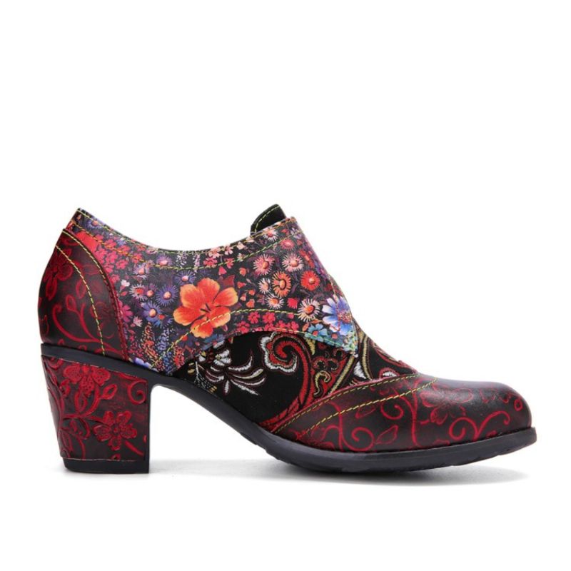 Dames Retro Bloemenprint Leer Zachte Ronde Teen Gebeeldhouwde Chunky Heels