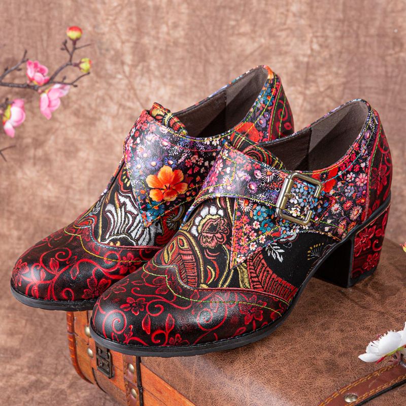 Dames Retro Bloemenprint Leer Zachte Ronde Teen Gebeeldhouwde Chunky Heels