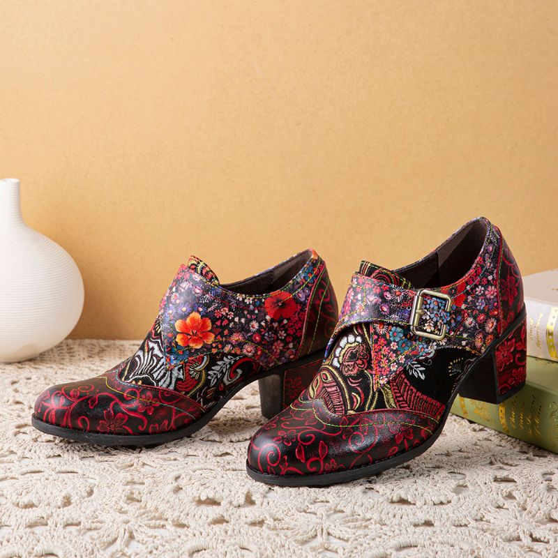 Dames Retro Bloemenprint Leer Zachte Ronde Teen Gebeeldhouwde Chunky Heels