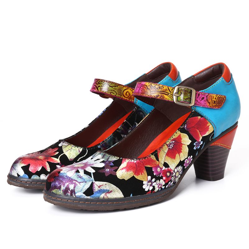 Geschilderde Zonnebloemen Echt Leer Elegante Enkelgesp Mary Jane Pumps