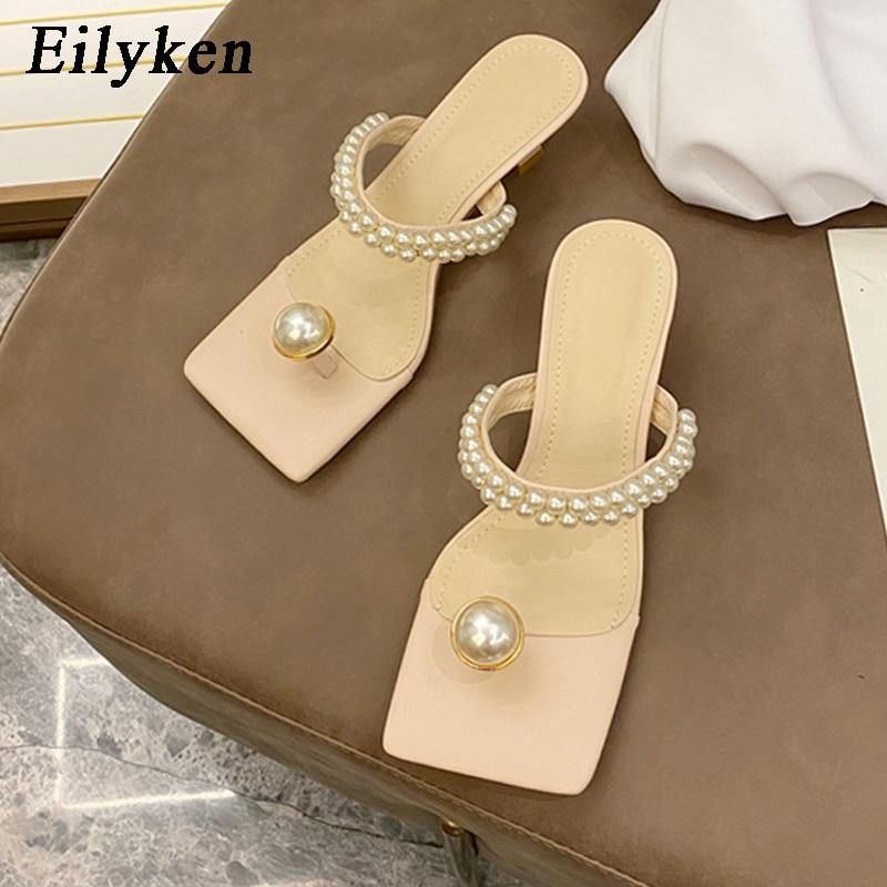 Mode String Bead Dames Slippers Zomer Outdoor Vierkante Teen Slippers Parel Decoratie Sandalen Femme Lage Hak Schoenen