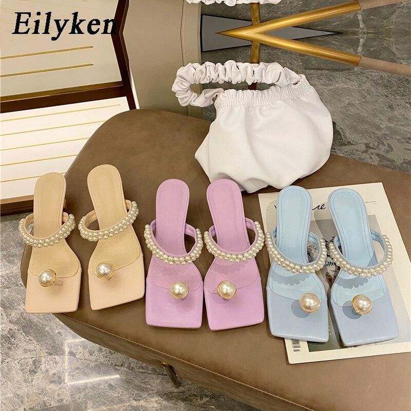 Mode String Bead Dames Slippers Zomer Outdoor Vierkante Teen Slippers Parel Decoratie Sandalen Femme Lage Hak Schoenen