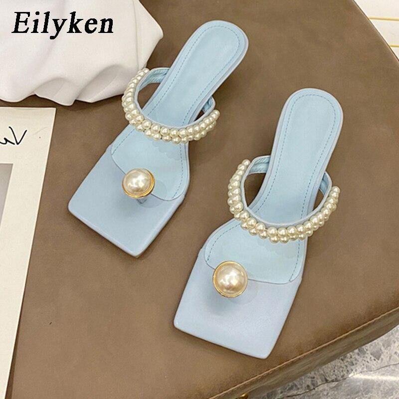 Mode String Bead Dames Slippers Zomer Outdoor Vierkante Teen Slippers Parel Decoratie Sandalen Femme Lage Hak Schoenen