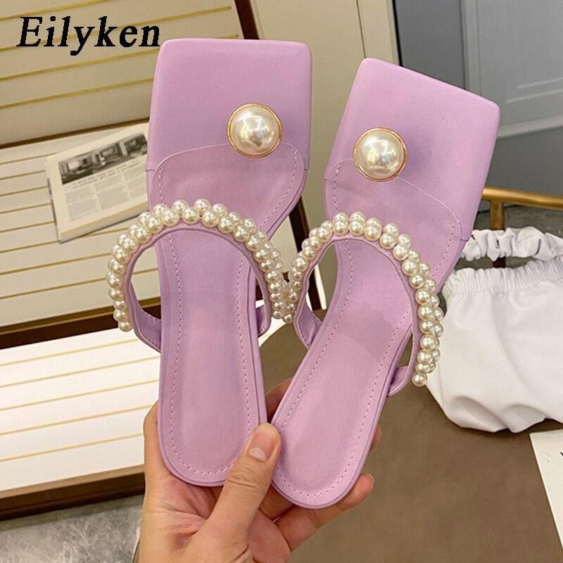 Mode String Bead Dames Slippers Zomer Outdoor Vierkante Teen Slippers Parel Decoratie Sandalen Femme Lage Hak Schoenen