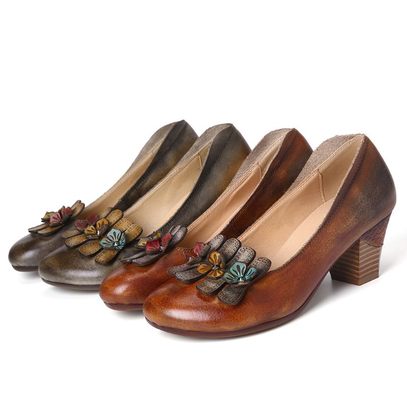 Retro Drie Kleuren Schattige Bloemen Ondiepe Mond Ronde Lederen Slip Op Casual Pumps