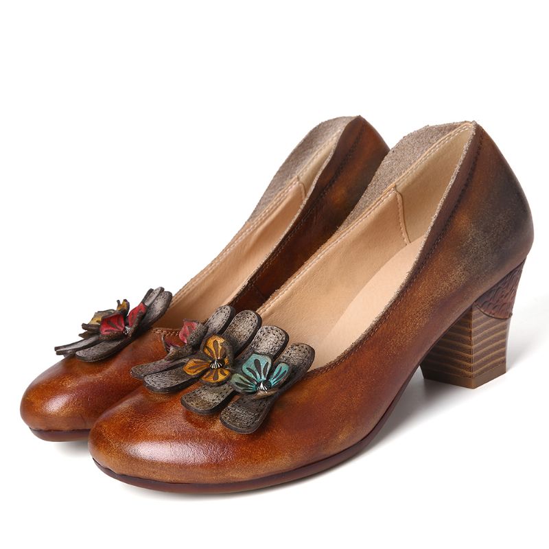 Retro Drie Kleuren Schattige Bloemen Ondiepe Mond Ronde Lederen Slip Op Casual Pumps