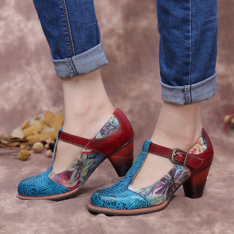 Retro Echt Lederen Bloem Reliëf Bladeren T-band Chunky Heel Pumps