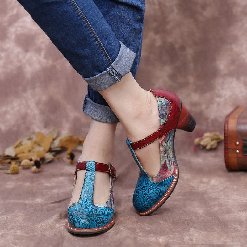 Retro Echt Lederen Bloem Reliëf Bladeren T-band Chunky Heel Pumps