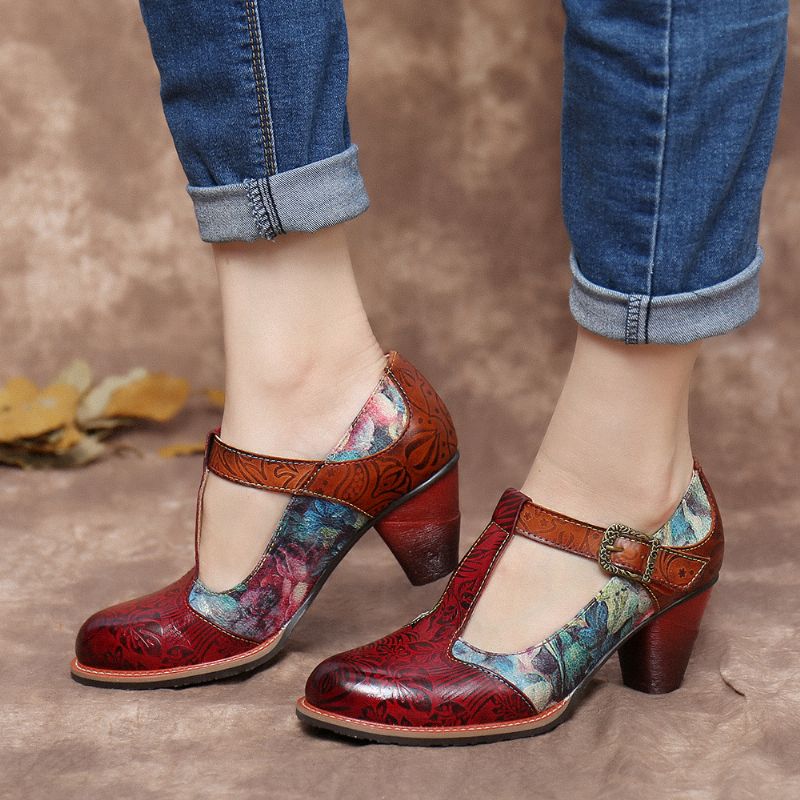 Retro Echt Lederen Bloem Reliëf Bladeren T-band Chunky Heel Pumps