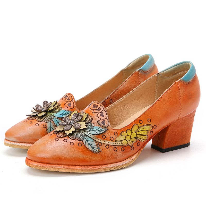 Retro Splicing Bloemen Lederen Slip Op Blokhak Pumps Jurk Schoenen