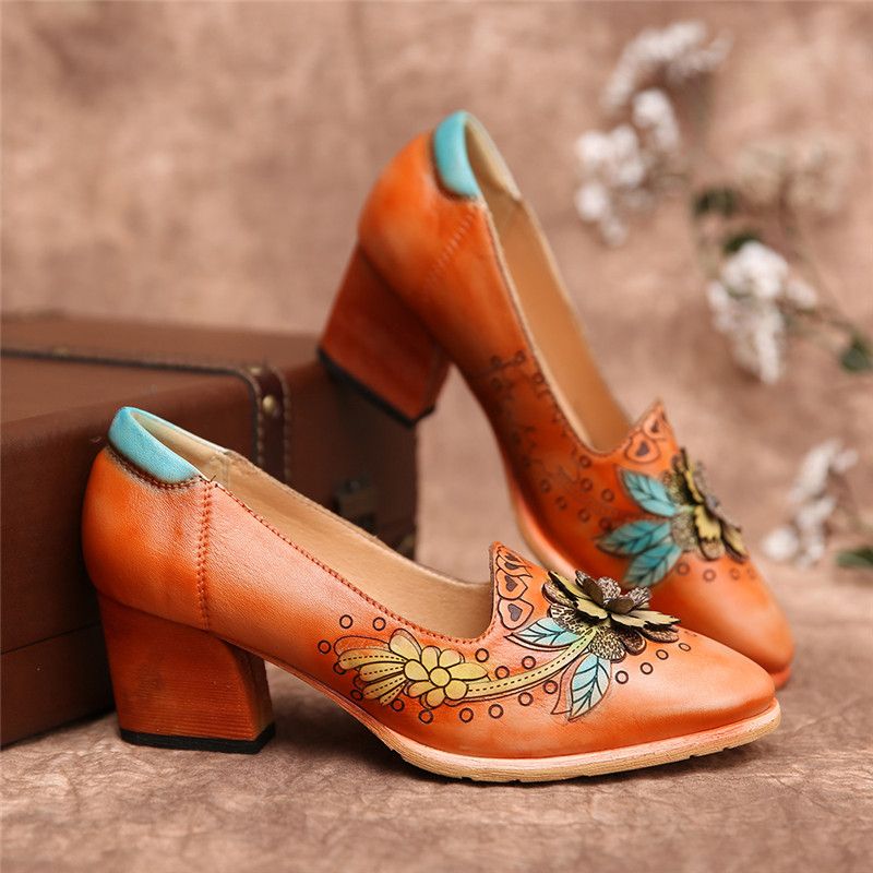 Retro Splicing Bloemen Lederen Slip Op Blokhak Pumps Jurk Schoenen