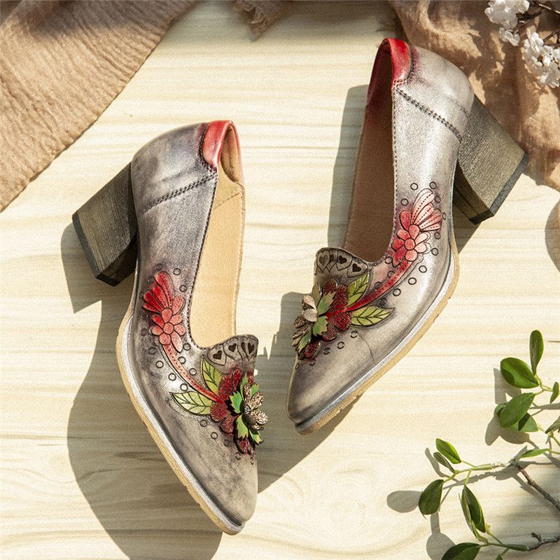 Retro Splicing Bloemen Lederen Slip Op Blokhak Pumps Jurk Schoenen