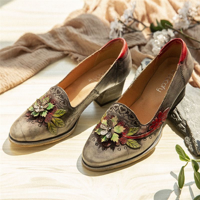 Retro Splicing Bloemen Lederen Slip Op Blokhak Pumps Jurk Schoenen