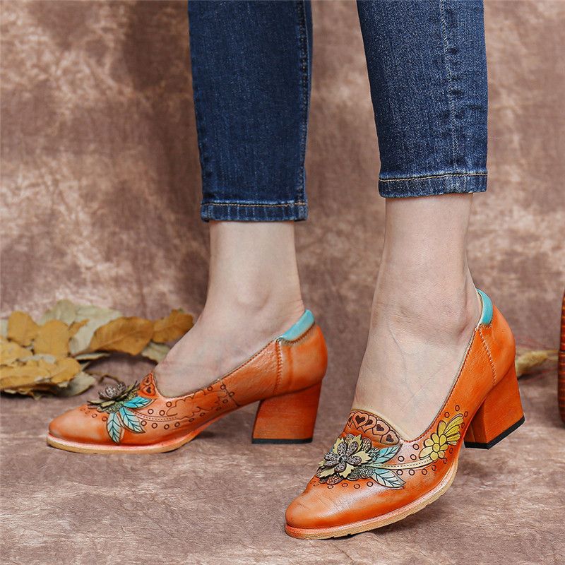 Retro Splicing Bloemen Lederen Slip Op Blokhak Pumps Jurk Schoenen