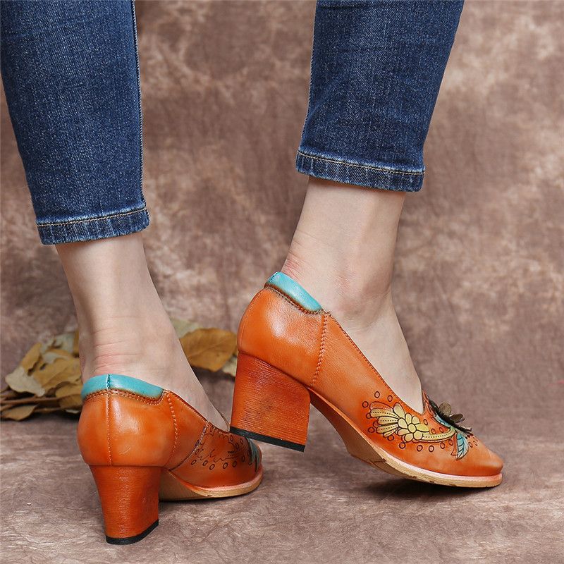 Retro Splicing Bloemen Lederen Slip Op Blokhak Pumps Jurk Schoenen