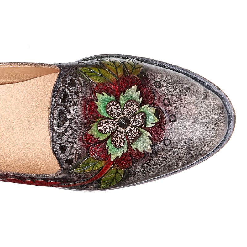 Retro Splicing Bloemen Lederen Slip Op Blokhak Pumps Jurk Schoenen