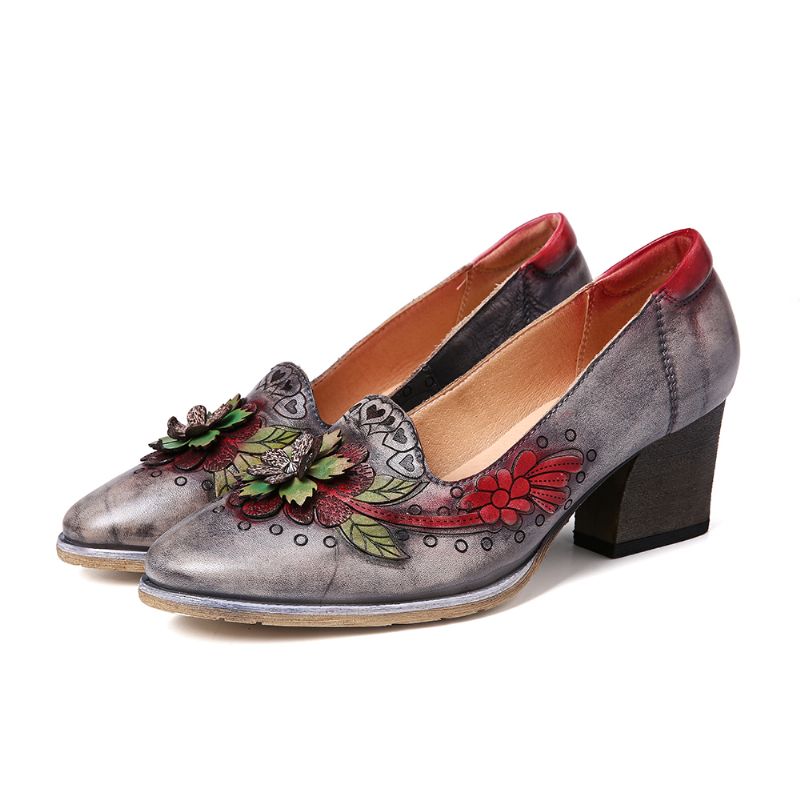 Retro Splicing Bloemen Lederen Slip Op Blokhak Pumps Jurk Schoenen