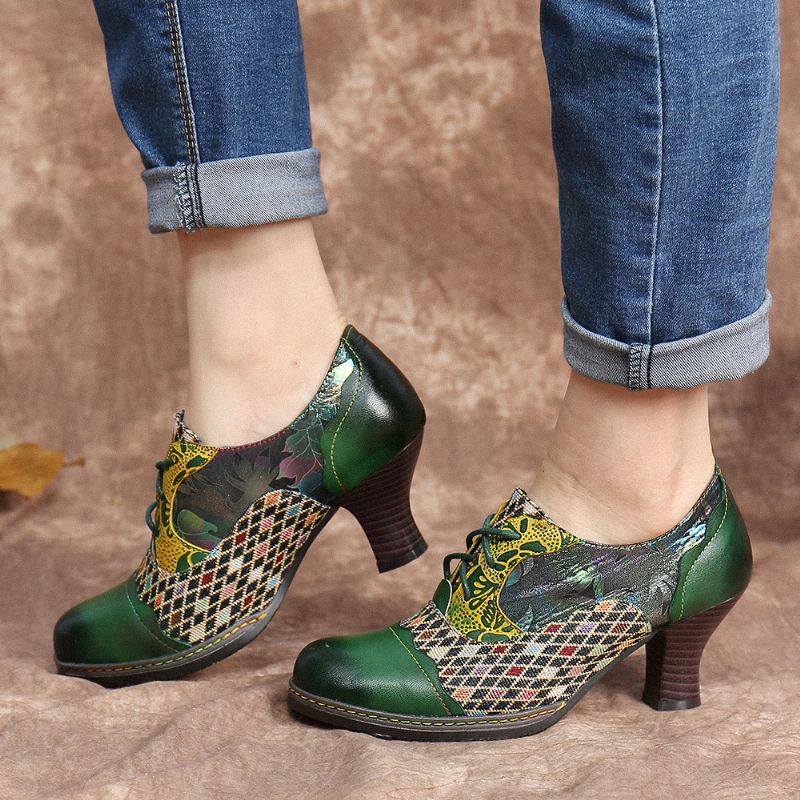 Vintage Lederen Bloemen Geruite Splitsen Veterschoenen Groene Chunky Hak Pumps