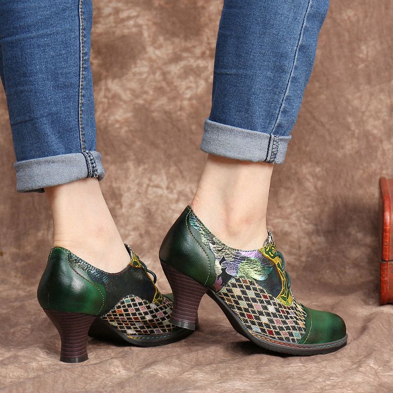 Vintage Lederen Bloemen Geruite Splitsen Veterschoenen Groene Chunky Hak Pumps