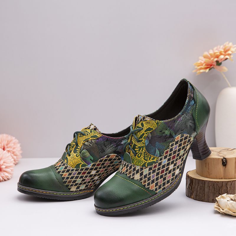 Vintage Lederen Bloemen Geruite Splitsen Veterschoenen Groene Chunky Hak Pumps