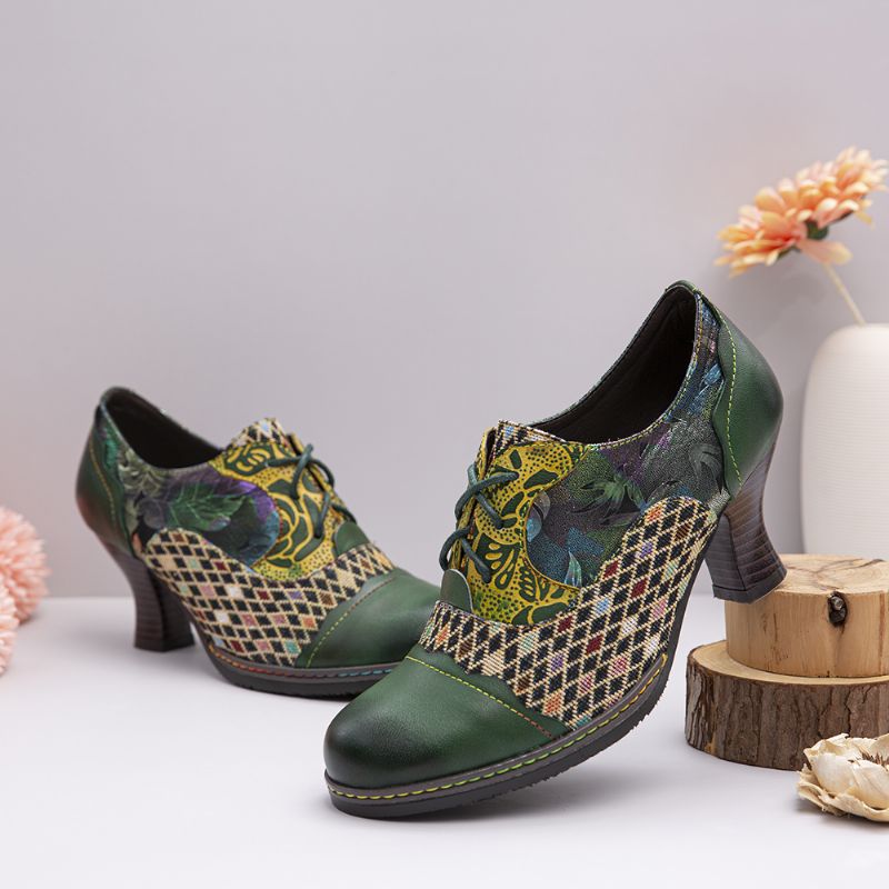 Vintage Lederen Bloemen Geruite Splitsen Veterschoenen Groene Chunky Hak Pumps