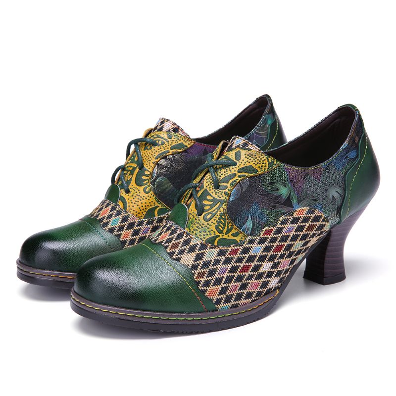 Vintage Lederen Bloemen Geruite Splitsen Veterschoenen Groene Chunky Hak Pumps