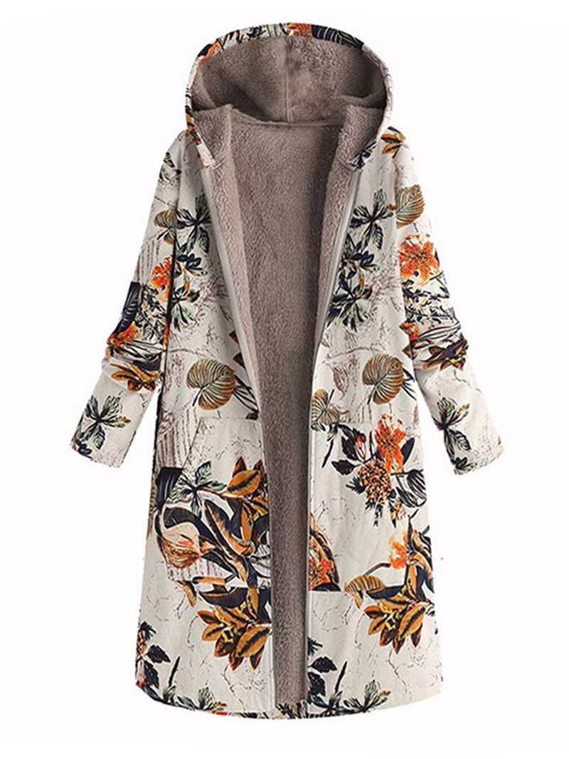 Dames Bladeren Print Lange Mouwen Hooded Fleece Maxi Jassen Jas