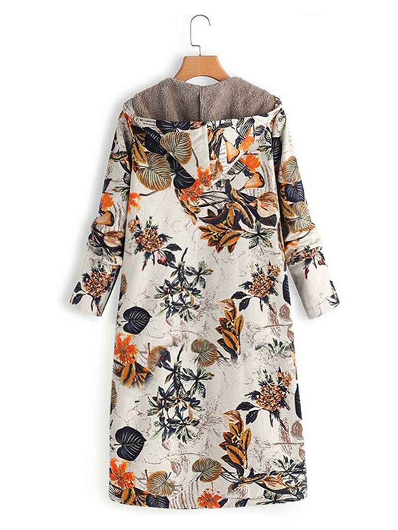 Dames Bladeren Print Lange Mouwen Hooded Fleece Maxi Jassen Jas