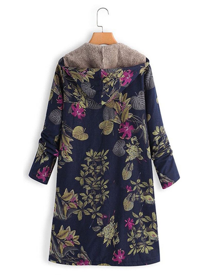 Dames Bladeren Print Lange Mouwen Hooded Fleece Maxi Jassen Jas