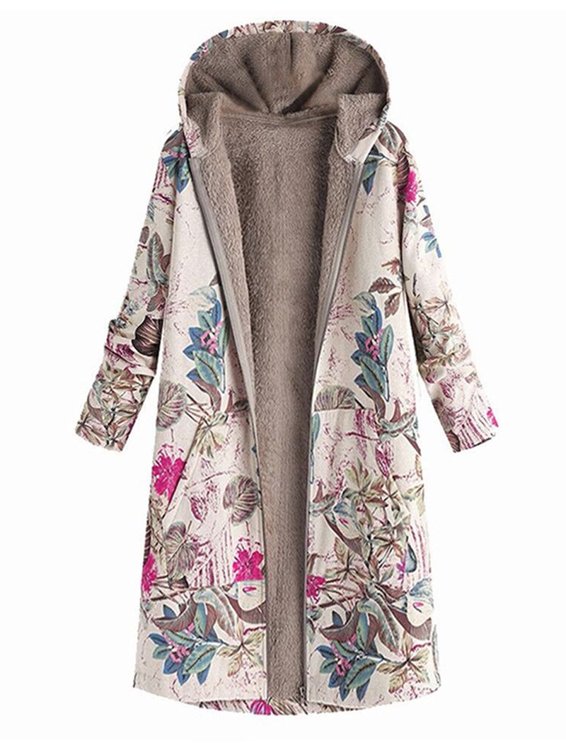 Dames Bladeren Print Lange Mouwen Hooded Fleece Maxi Jassen Jas