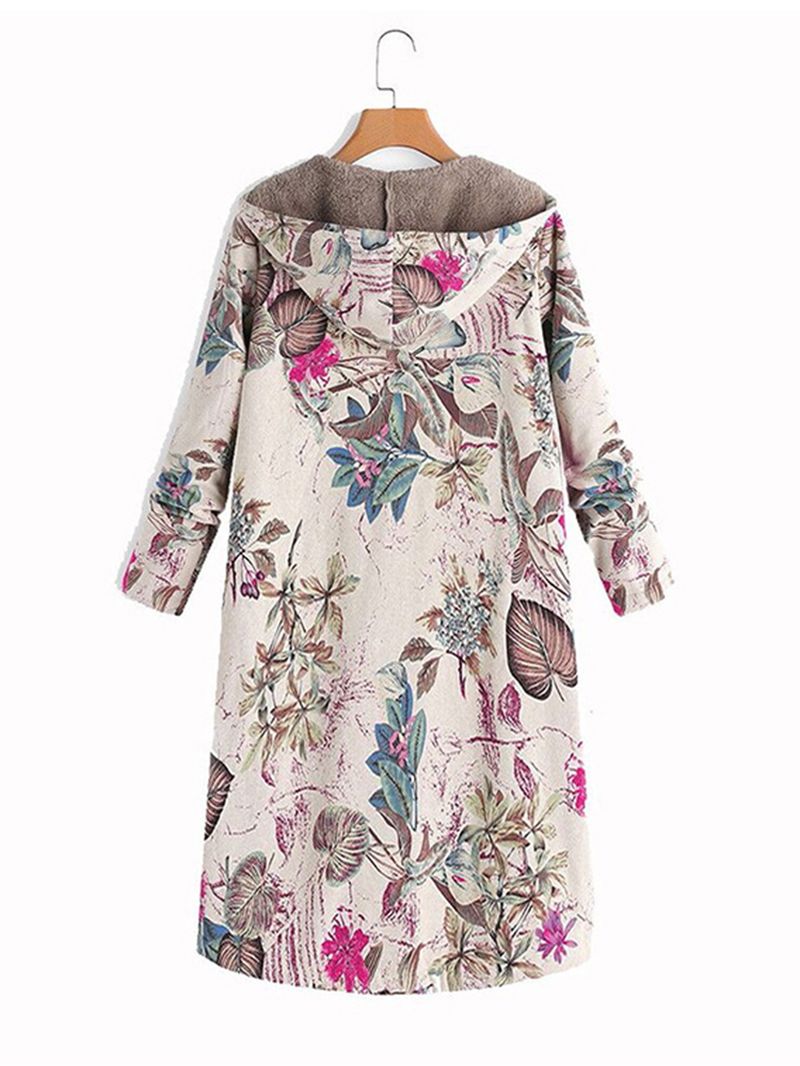 Dames Bladeren Print Lange Mouwen Hooded Fleece Maxi Jassen Jas