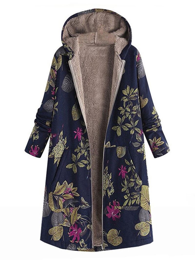 Dames Bladeren Print Lange Mouwen Hooded Fleece Maxi Jassen Jas