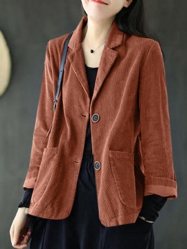 Dames Corduroy Solid Koreaanse Stijl Button-down Voorzakken Jassen