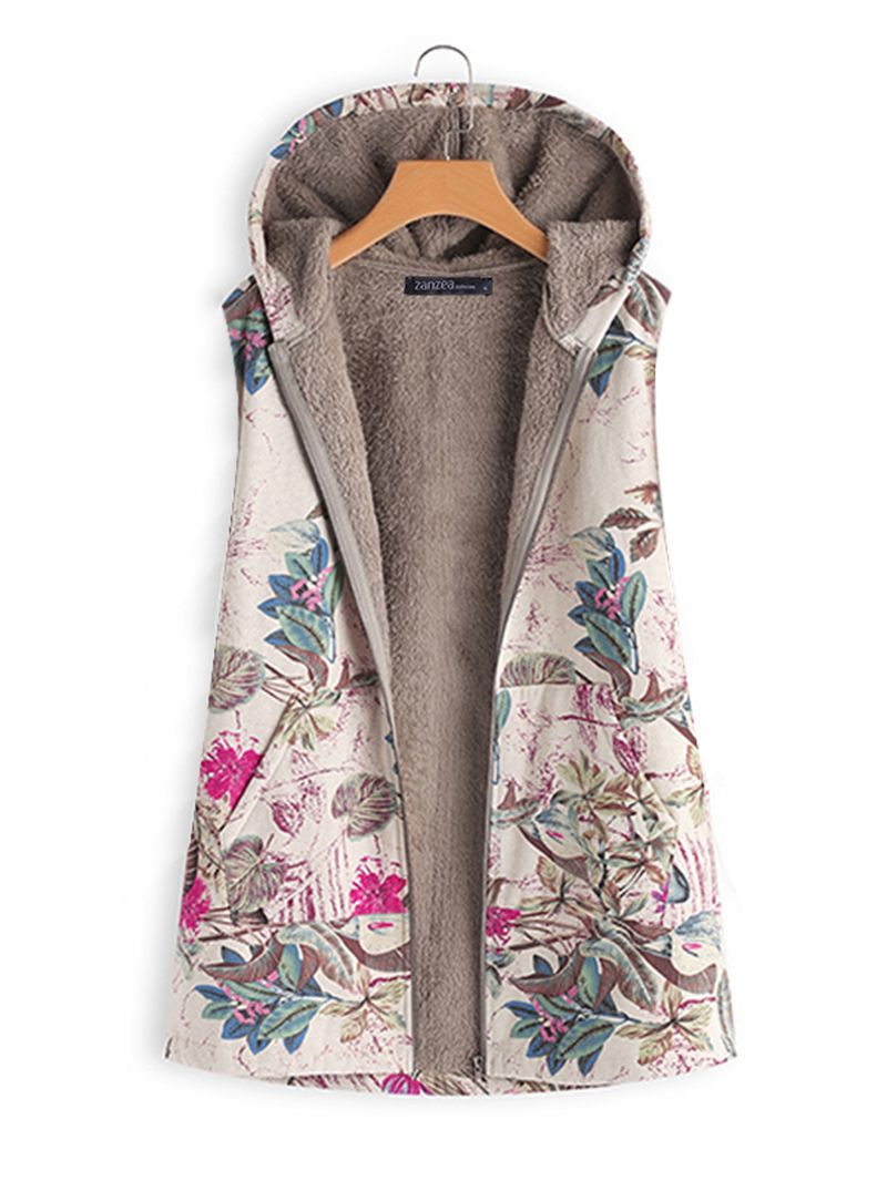 Dames Mouwloos Vest Met Rits En Bloemenprint Bovenkleding Jassen Met Capuchon