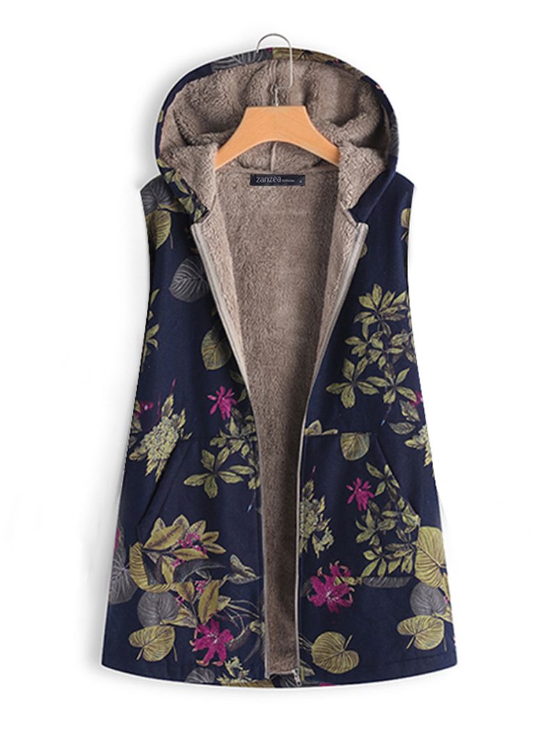 Dames Mouwloos Vest Met Rits En Bloemenprint Bovenkleding Jassen Met Capuchon