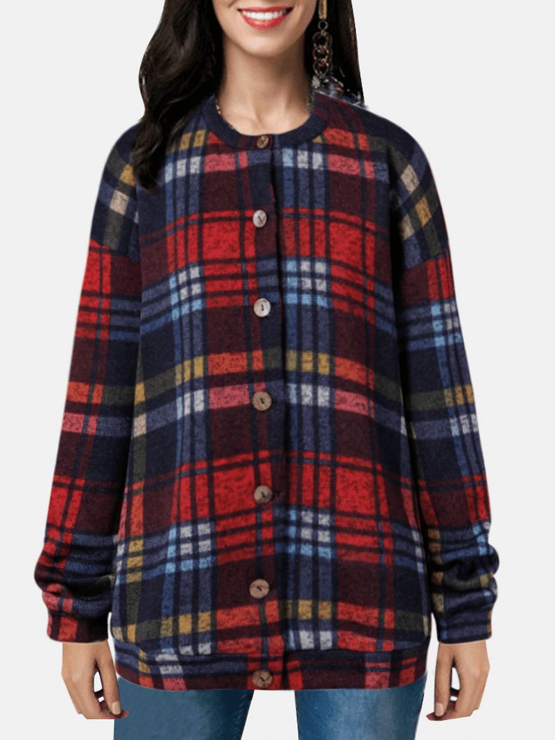 Dames Vintage Plaid Button-up Casual Jassen Met Lange Mouwen