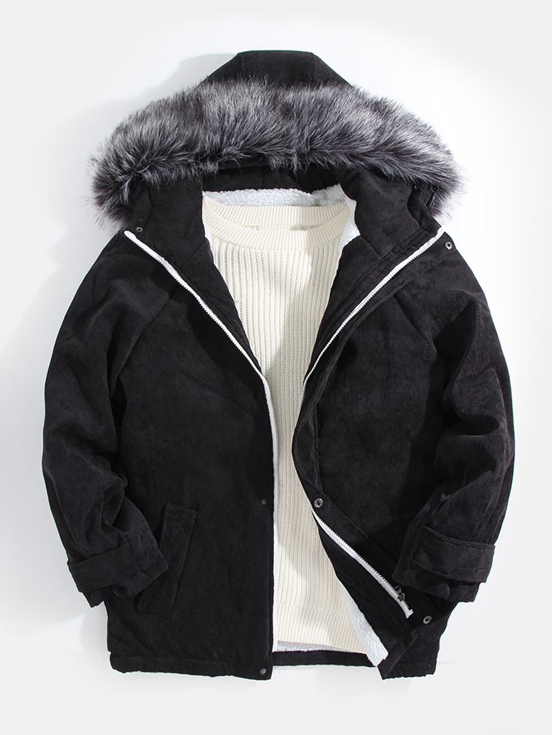 Heren Corduroy Faux Fur Kraag Hooded Sherpa Gevoerde Eenvoudige Jassen