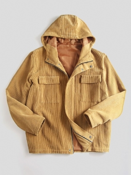 Heren Vintage Corduroy Hooded Praktische Zakken Casual Jas Met Lange Mouwen