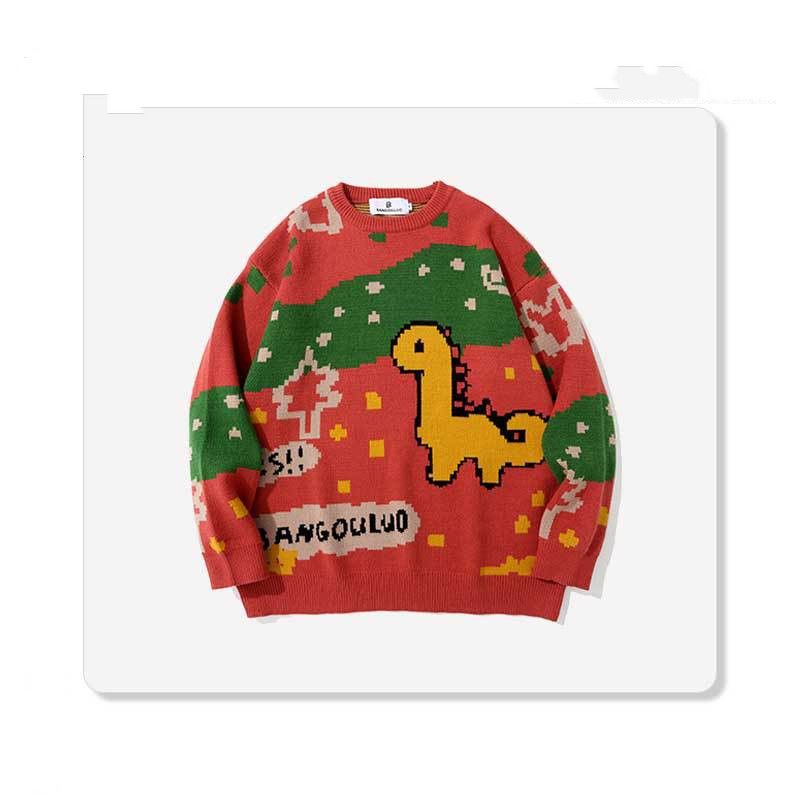 Casual Losse Herensweater Met Ronde Hals En Dinosaurusprint